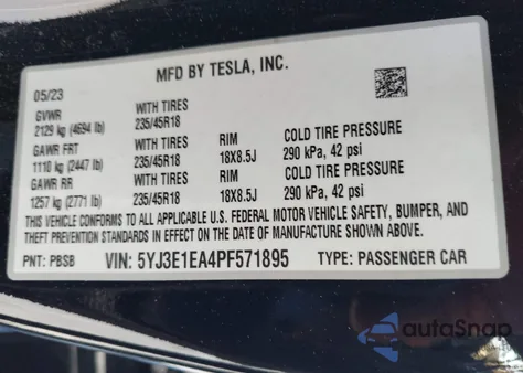 2023 Tesla Model 3 z USA, uszkodzony, nr VIN 5YJ3E1EA4PF571895